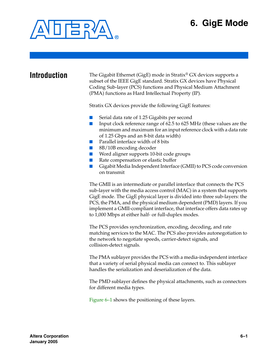 Gige mode, Introduction, Chapter 6. gige mode | Introduction –1, The gige mode cha | Altera Stratix GX Transceiver User Manual | Page 155 / 318