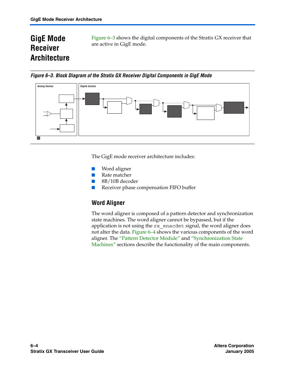 Word aligner, Gige mode receiver architecture, Rate matcher | 8b/10b decoder, Receiver phase compensation fifo buffer | Altera Stratix GX Transceiver User Manual | Page 158 / 318