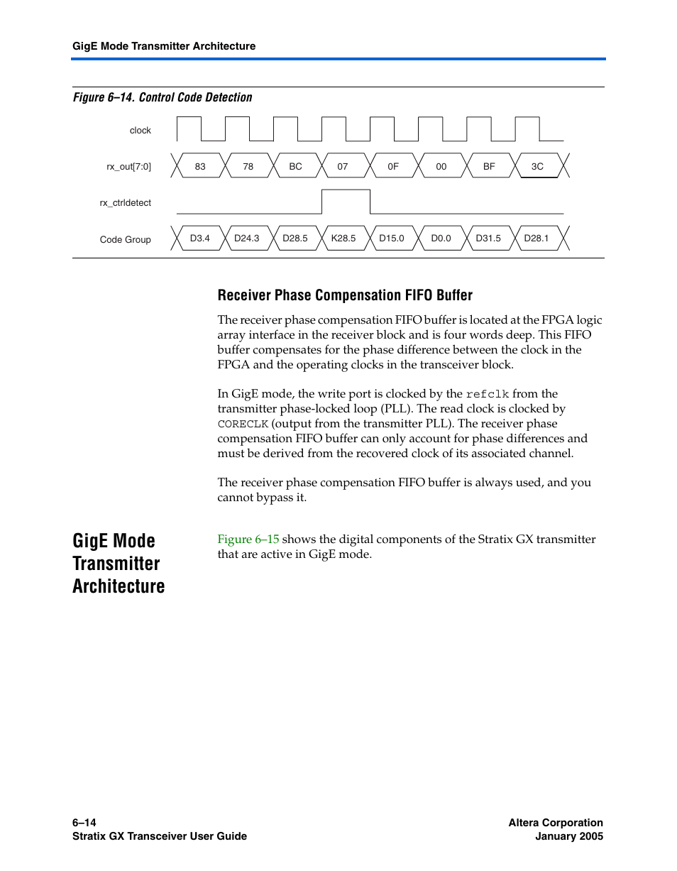 Receiver phase compensation fifo buffer, Gige mode transmitter architecture, Gige mode transmitter architecture –14 | Altera Stratix GX Transceiver User Manual | Page 168 / 318