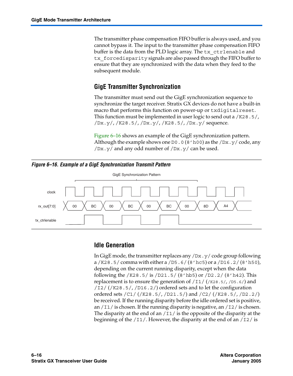 Gige transmitter synchronization, Idle generation | Altera Stratix GX Transceiver User Manual | Page 170 / 318
