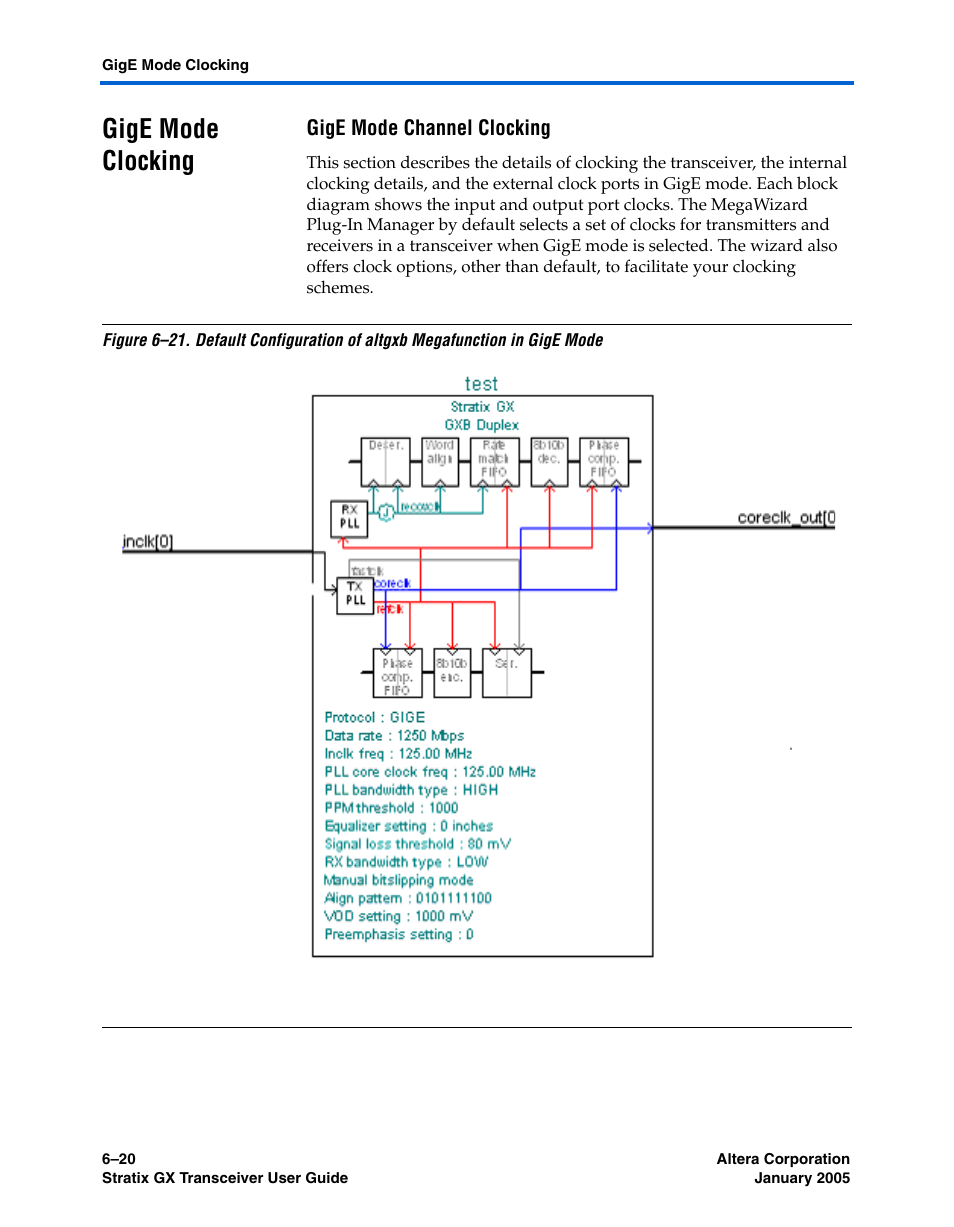 Gige mode clocking, Gige mode channel clocking, Gige mode clocking –20 | Altera Stratix GX Transceiver User Manual | Page 174 / 318