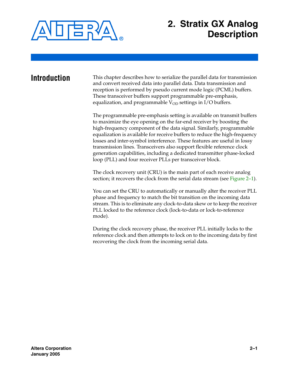 Stratix gx analog description, Introduction, Chapter 2. stratix gx analog description | Introduction –1 | Altera Stratix GX Transceiver User Manual | Page 19 / 318