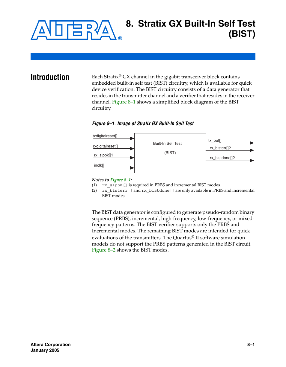 Stratix gx built-in self test (bist), Introduction, Chapter 8. stratix gx built-in self test (bist) | Introduction –1 | Altera Stratix GX Transceiver User Manual | Page 205 / 318