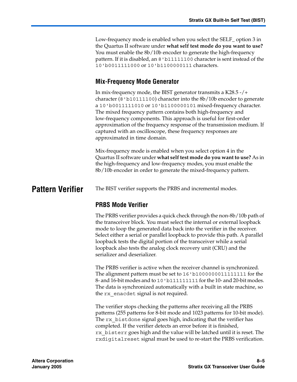 Mix-frequency mode generator, Pattern verifier, Prbs mode verifier | Pattern verifier –5 | Altera Stratix GX Transceiver User Manual | Page 209 / 318