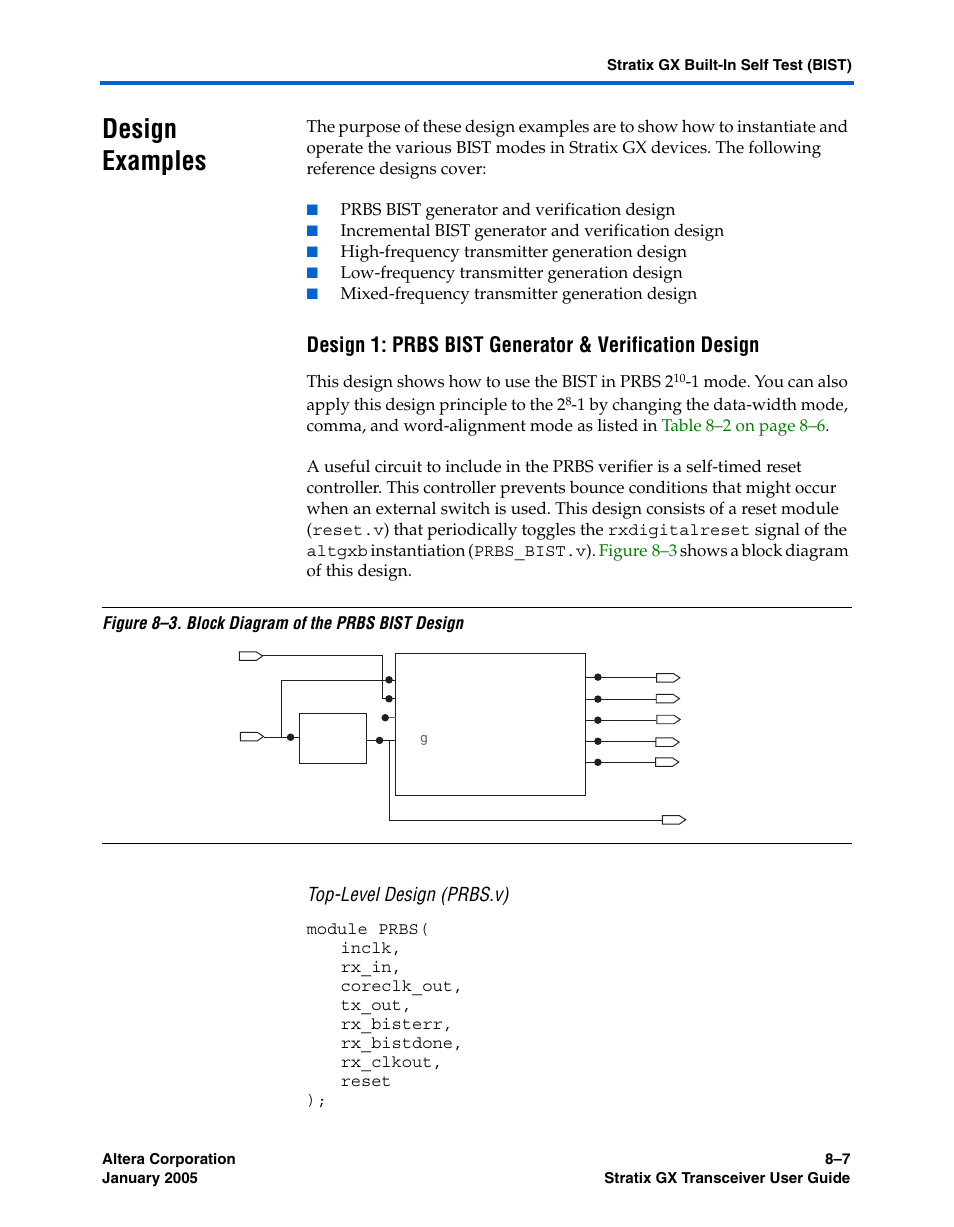 Design examples, Top-level design (prbs.v), Design examples –7 | Altera Stratix GX Transceiver User Manual | Page 211 / 318