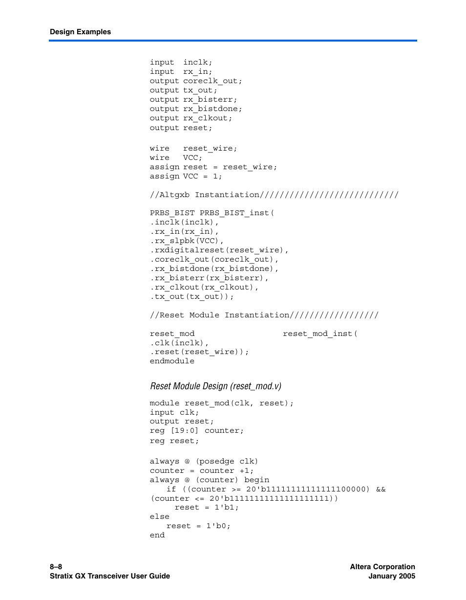 Reset module design (reset_mod.v) | Altera Stratix GX Transceiver User Manual | Page 212 / 318