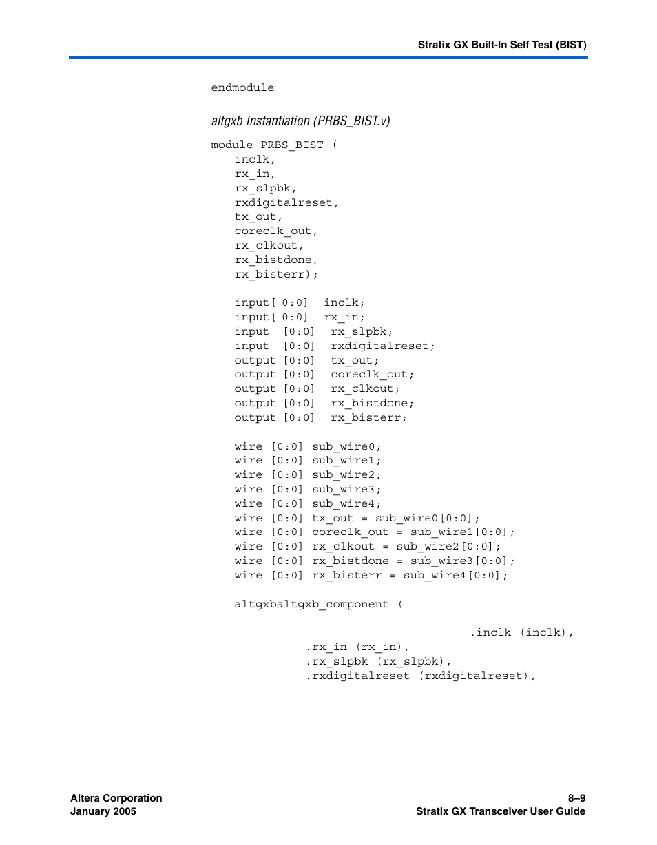 Altgxb instantiation (prbs_bist.v) | Altera Stratix GX Transceiver User Manual | Page 213 / 318