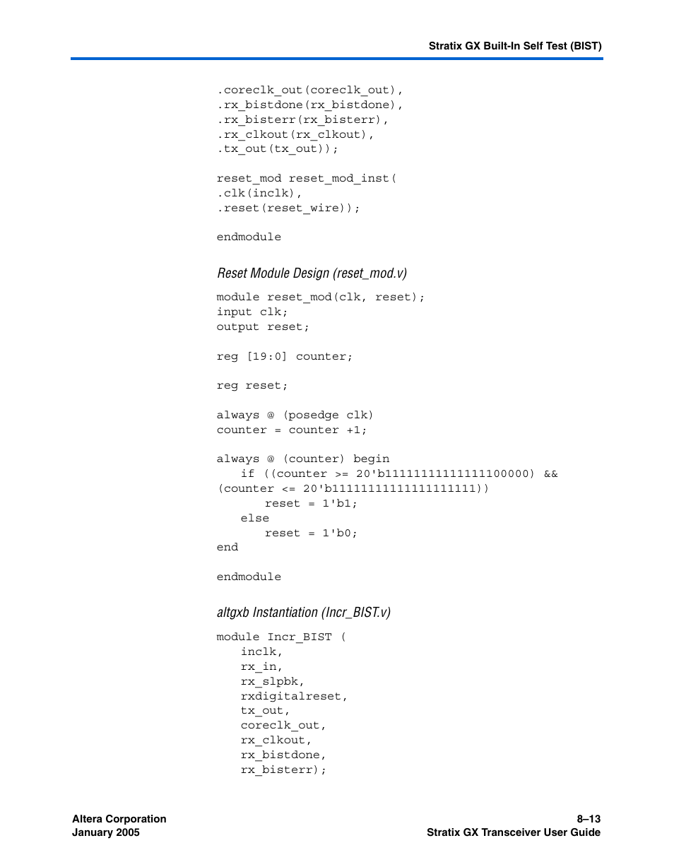 Reset module design (reset_mod.v), Altgxb instantiation (incr_bist.v) | Altera Stratix GX Transceiver User Manual | Page 217 / 318