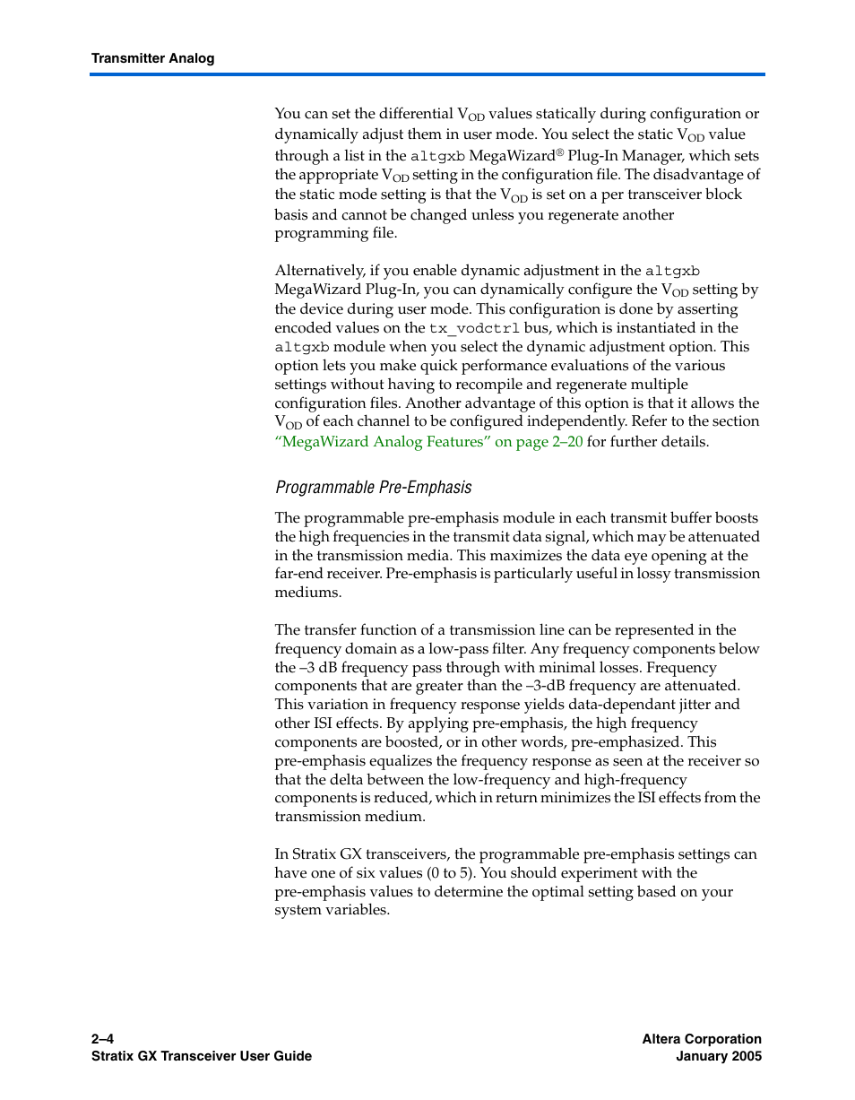 Programmable pre-emphasis | Altera Stratix GX Transceiver User Manual | Page 22 / 318