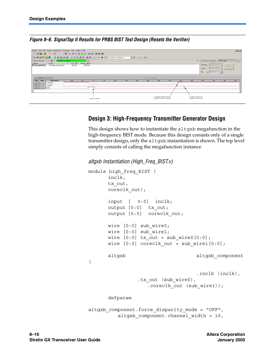 Altgxb instantiation (high_freq_bist.v) | Altera Stratix GX Transceiver User Manual | Page 220 / 318