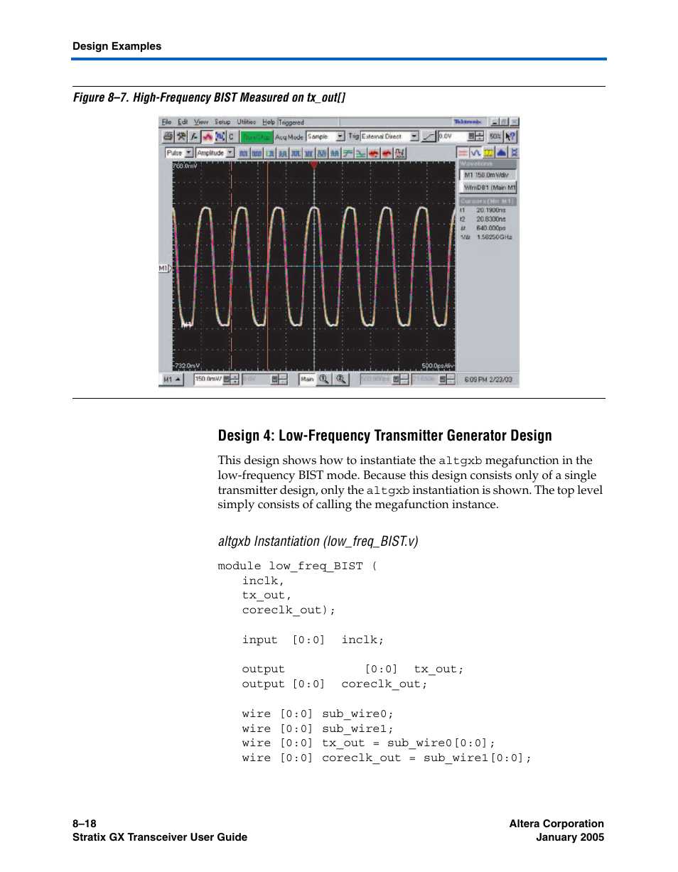 Altgxb instantiation (low_freq_bist.v) | Altera Stratix GX Transceiver User Manual | Page 222 / 318