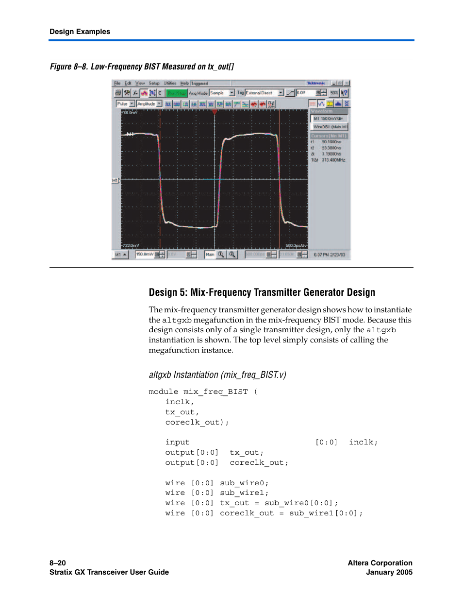Altgxb instantiation (mix_freq_bist.v) | Altera Stratix GX Transceiver User Manual | Page 224 / 318