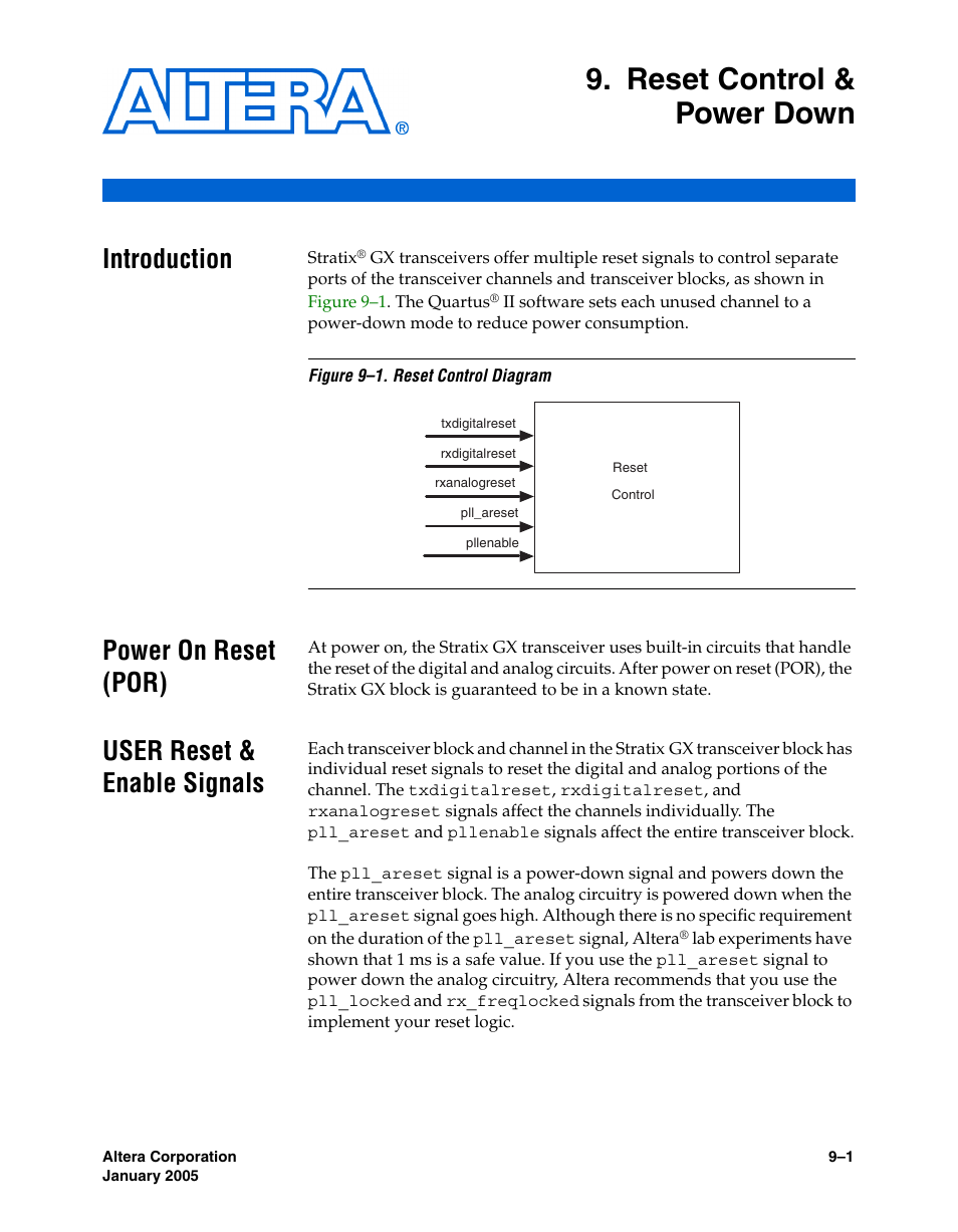 Reset control & power down, Introduction, Power on reset (por) | User reset & enable signals, Chapter 9. reset control & power down | Altera Stratix GX Transceiver User Manual | Page 227 / 318