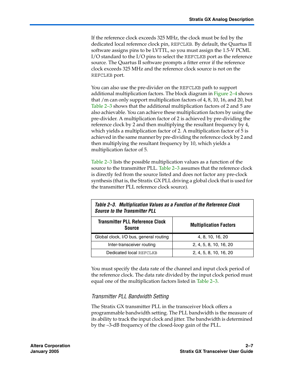 Transmitter pll bandwidth setting | Altera Stratix GX Transceiver User Manual | Page 25 / 318