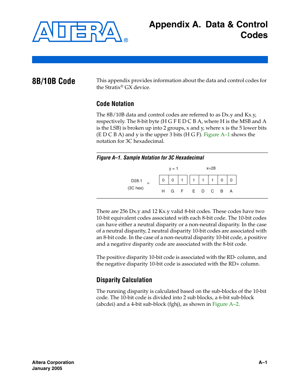 Appendix a. data & control codes, 8b/10b code, Code notation | Disparity calculation, Appendix a, data & control codes | Altera Stratix GX Transceiver User Manual | Page 285 / 318