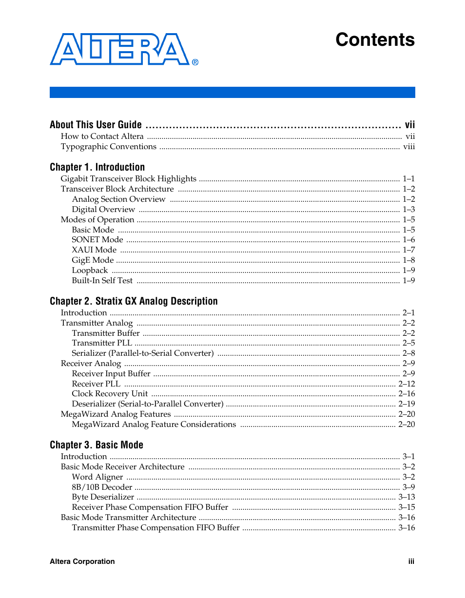 Altera Stratix GX Transceiver User Manual | Page 3 / 318