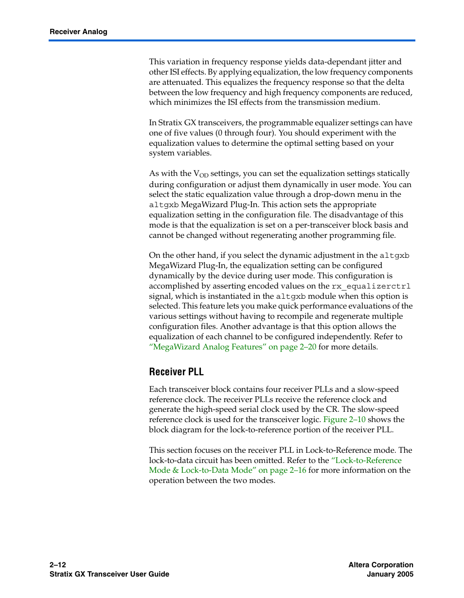 Receiver pll | Altera Stratix GX Transceiver User Manual | Page 30 / 318