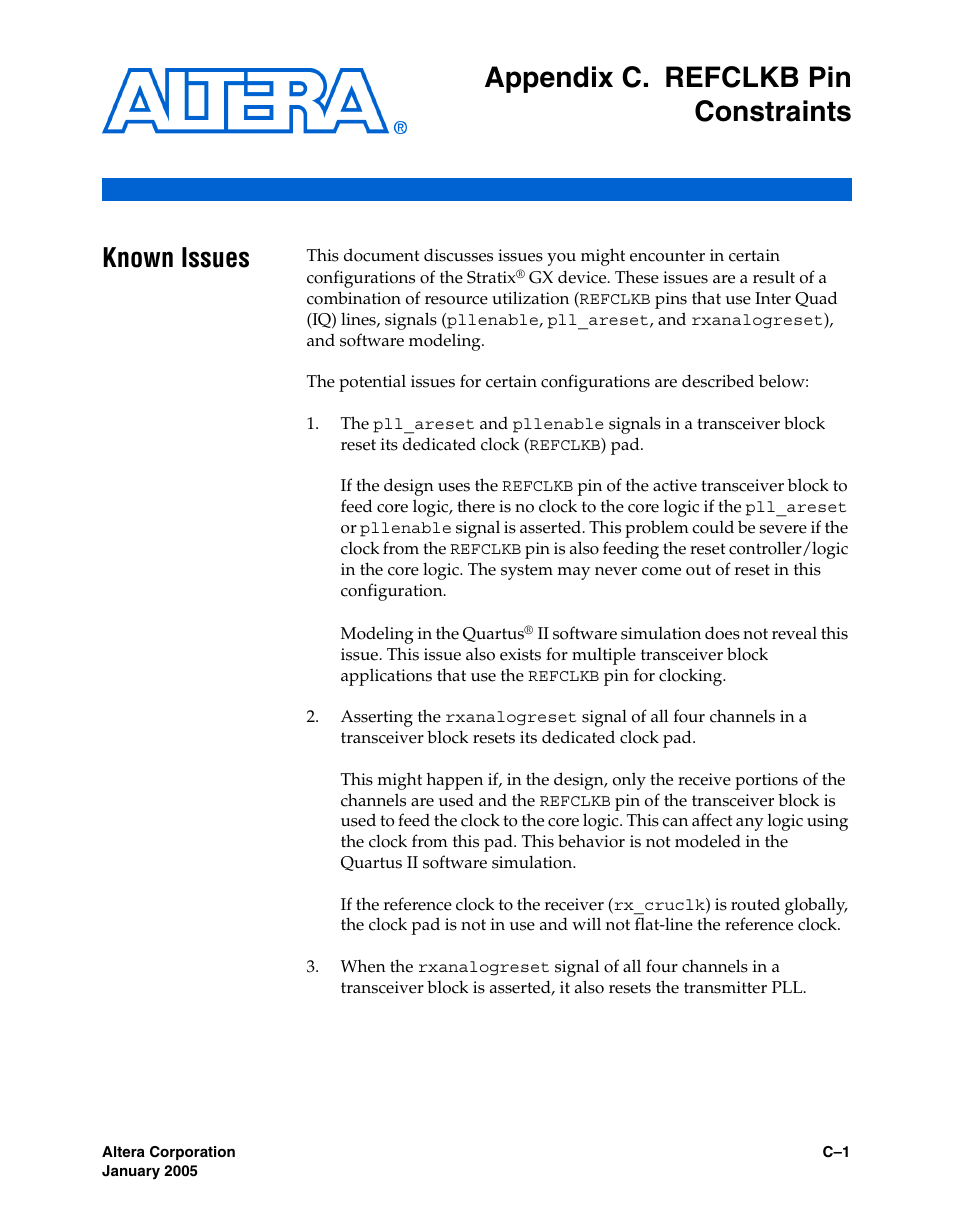 Appendix c. refclkb pin constraints, Known issues, Appendix c, refclkb pin | Constraints, For informatio, Pins, see, Appendix c, refclkb, Pin constraints, Appendix c, refclkb pin constraints | Altera Stratix GX Transceiver User Manual | Page 311 / 318