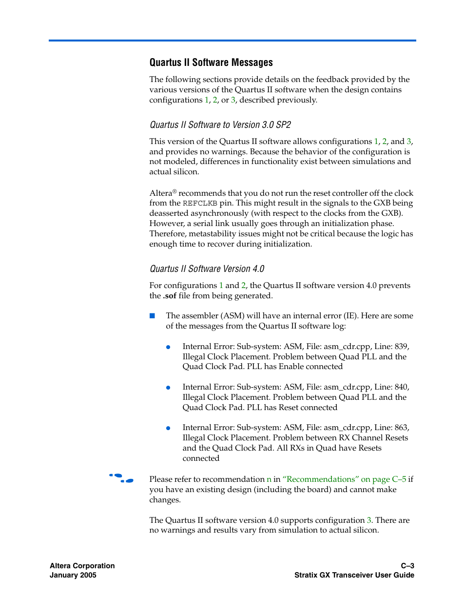 Quartus ii software messages, Quartus ii software to version 3.0 sp2, Quartus ii software version 4.0 | Altera Stratix GX Transceiver User Manual | Page 313 / 318