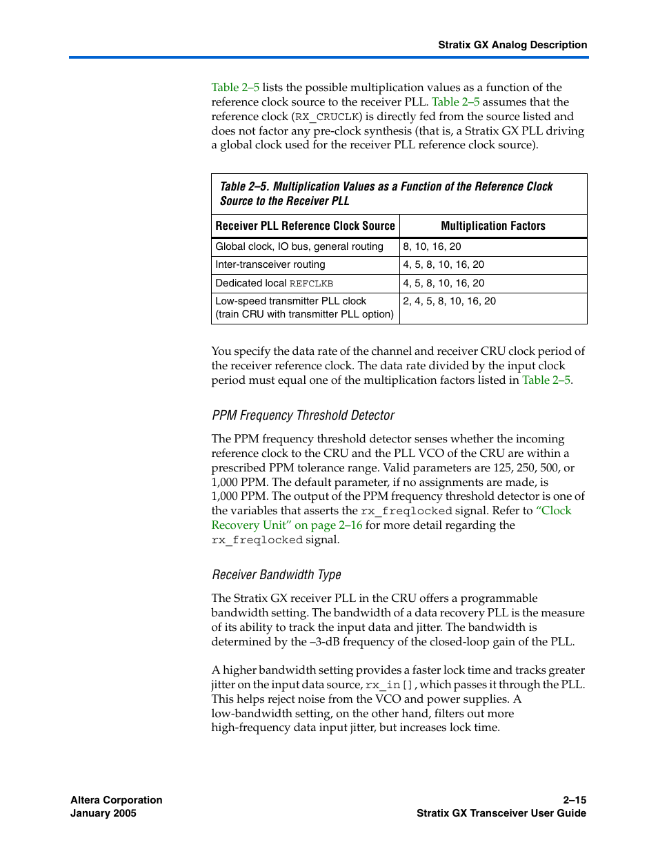 Ppm frequency threshold detector, Receiver bandwidth type | Altera Stratix GX Transceiver User Manual | Page 33 / 318