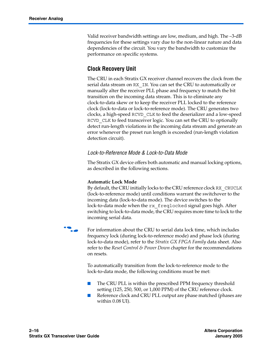 Clock recovery unit, Lock-to-reference mode & lock-to-data mode, To the | Lock-to-reference, For mor, Clock | Altera Stratix GX Transceiver User Manual | Page 34 / 318