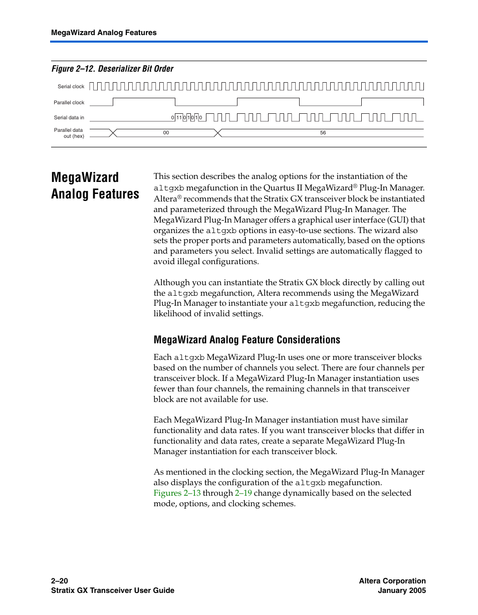 Megawizard analog features, Megawizard analog feature considerations, Megawizard analog features –20 | Megawizard analog, For mor, Figure 2–12, Show | Altera Stratix GX Transceiver User Manual | Page 38 / 318