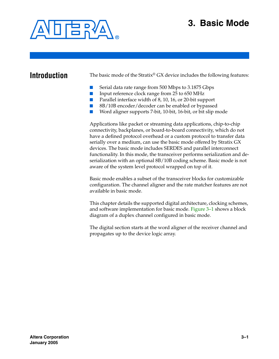 Basic mode, Introduction, Chapter 3. basic mode | Introduction –1 | Altera Stratix GX Transceiver User Manual | Page 47 / 318