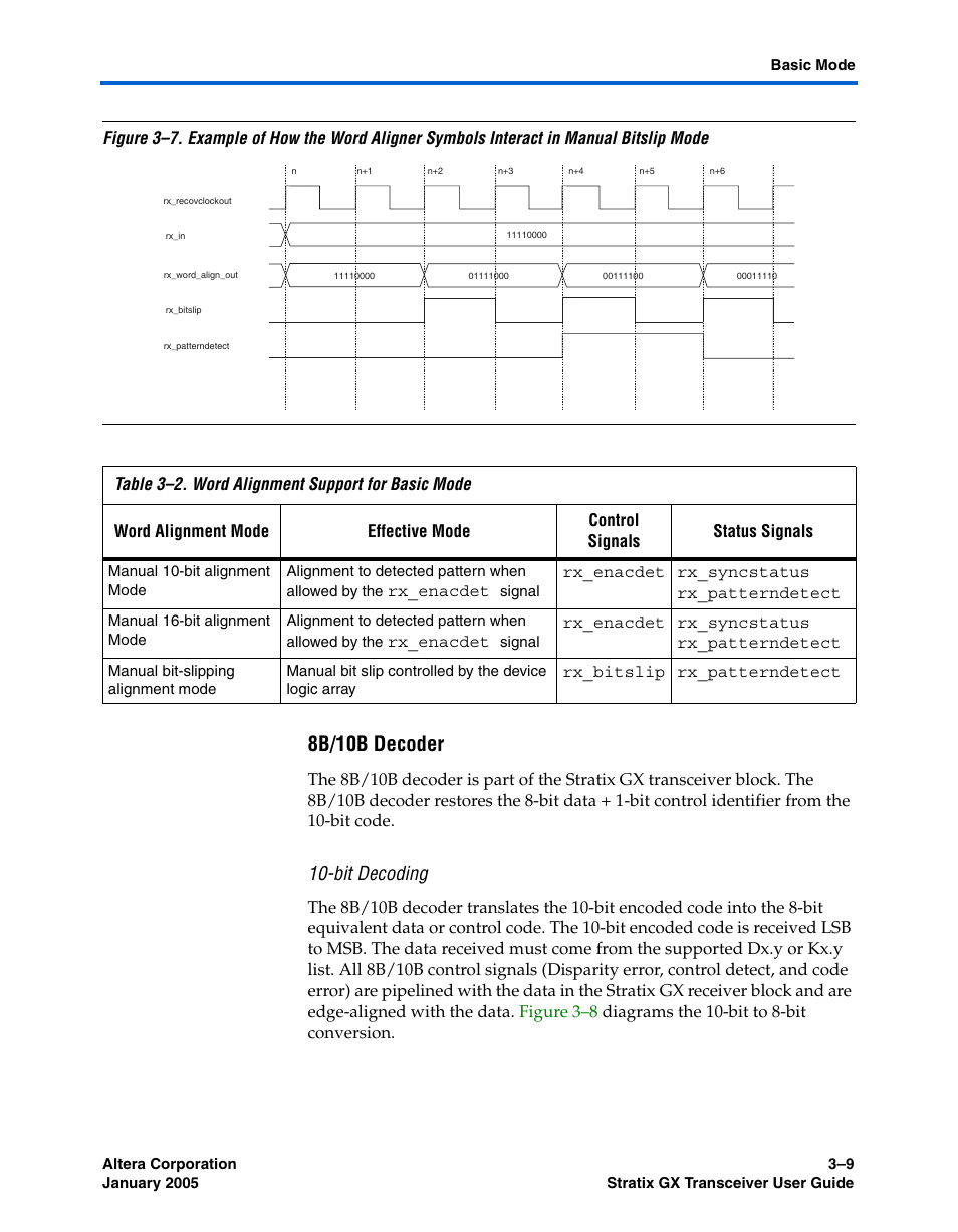 8b/10b decoder, Bit decoding | Altera Stratix GX Transceiver User Manual | Page 55 / 318