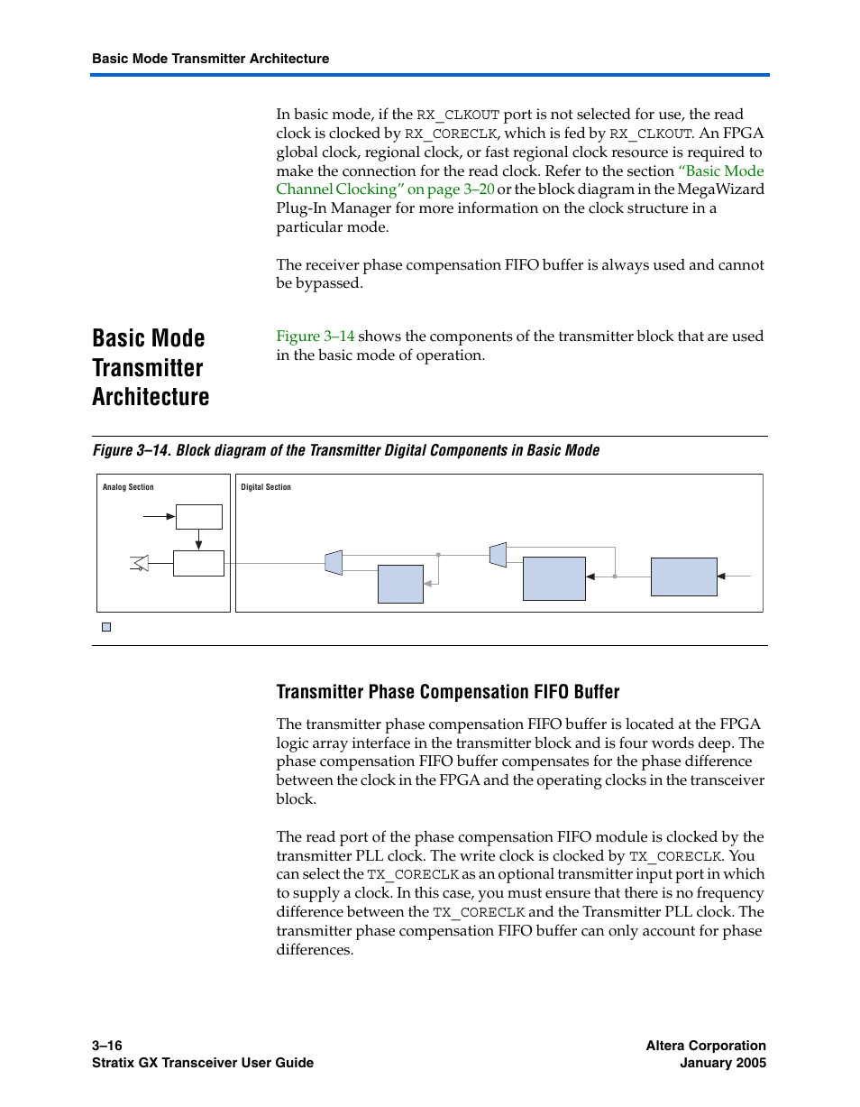 Basic mode transmitter architecture, Transmitter phase compensation fifo buffer, Basic mode transmitter architecture –16 | Altera Stratix GX Transceiver User Manual | Page 62 / 318