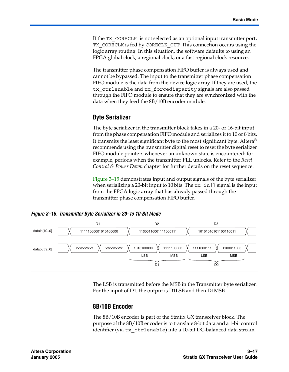 Byte serializer, 8b/10b encoder | Altera Stratix GX Transceiver User Manual | Page 63 / 318