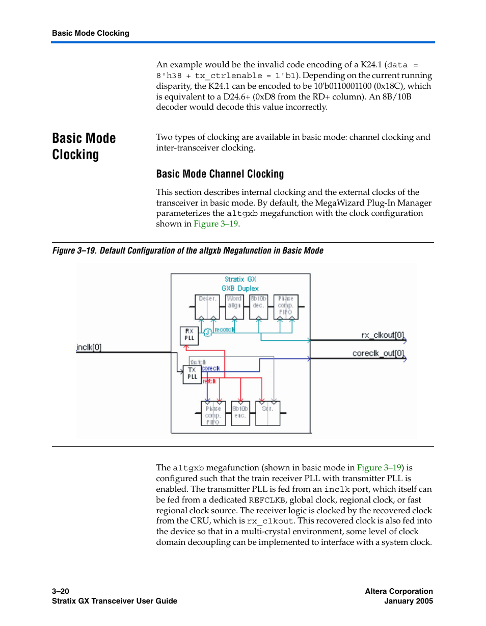 Basic mode clocking, Basic mode channel clocking, Basic mode clocking –20 | Basic mode, Or the blo | Altera Stratix GX Transceiver User Manual | Page 66 / 318