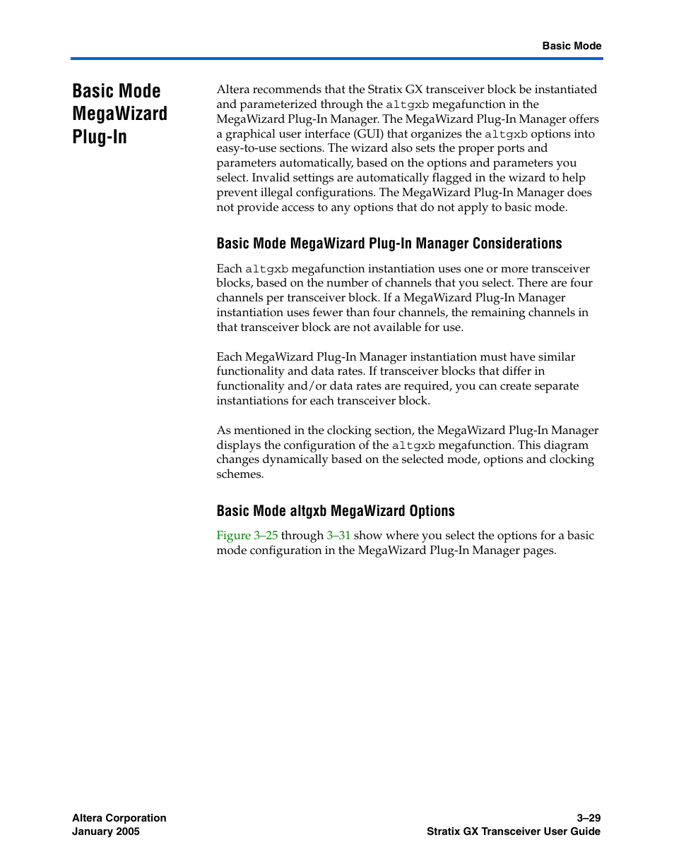 Basic mode megawizard plug-in, Basic mode altgxb megawizard options, Basic mode megawizard plug-in –29 | Altera Stratix GX Transceiver User Manual | Page 75 / 318