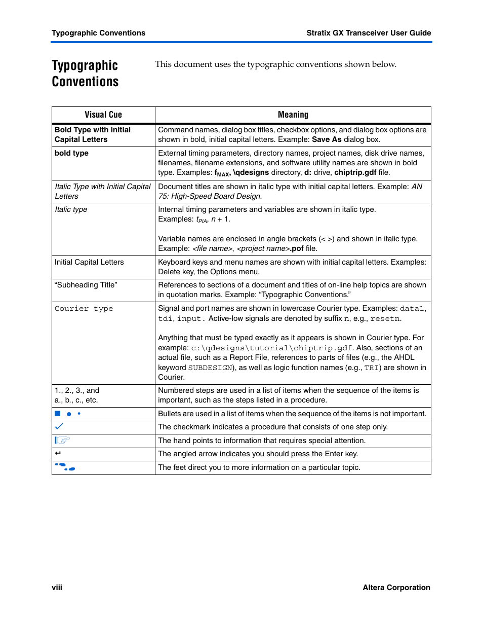 Typographic conventions | Altera Stratix GX Transceiver User Manual | Page 8 / 318