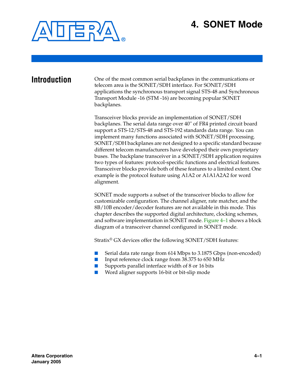 Sonet mode, Introduction, Chapter 4. sonet mode | Introduction –1 | Altera Stratix GX Transceiver User Manual | Page 83 / 318