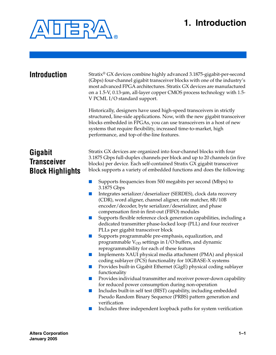 Introduction, Gigabit transceiver block highlights, Chapter 1. introduction | Gigabit transceiver block highlights –1 | Altera Stratix GX Transceiver User Manual | Page 9 / 318