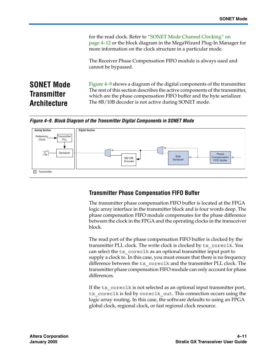Sonet mode transmitter architecture, Transmitter phase compensation fifo buffer, Sonet mode transmitter architecture –11 | Altera Stratix GX Transceiver User Manual | Page 93 / 318