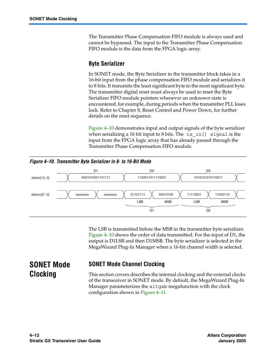 Byte serializer, Sonet mode clocking, Sonet mode channel clocking | Sonet mode clocking –12 | Altera Stratix GX Transceiver User Manual | Page 94 / 318