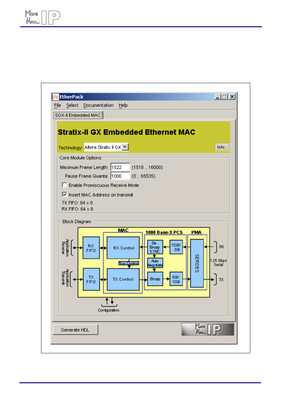 2 core configuration options, Onfiguration, Ptions | Figure 2: mac core configuration panel, Stratix ii gx embedded gigabit ethernet mac / phy | Altera Stratix II GX Embedded Gigabit Ethernet MAC/PHY User Manual | Page 6 / 18