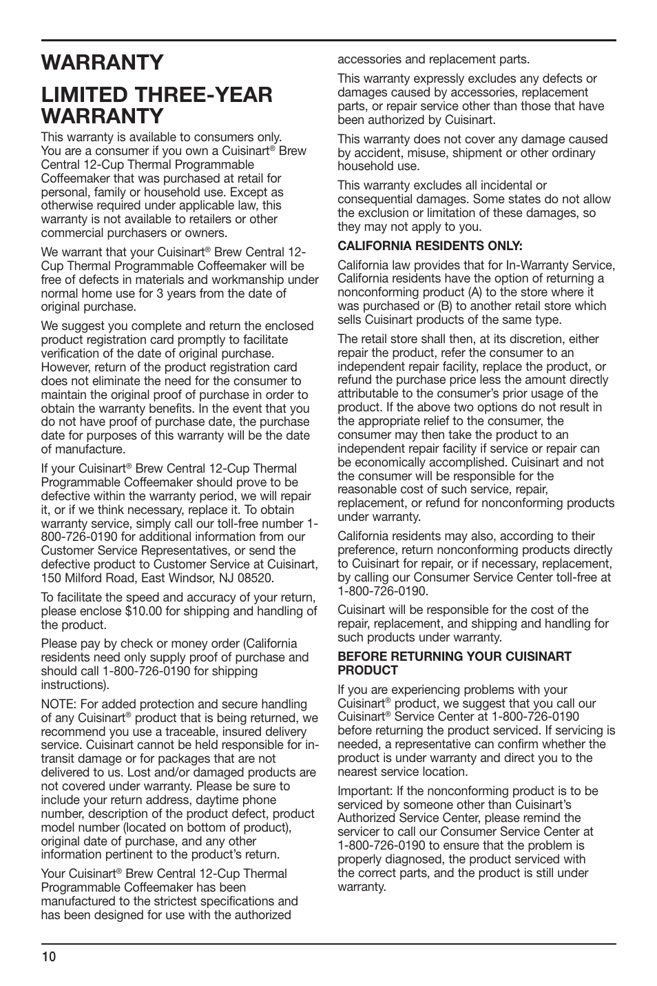 Warranty limited three-year warranty | Cuisinart BREW CENTRAL DCC-2700 User Manual | Page 10 / 12