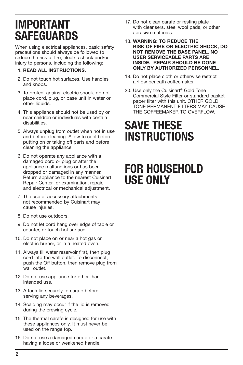 Important safeguards, Save these instructions for household use only | Cuisinart BREW CENTRAL DCC-2700 User Manual | Page 2 / 12