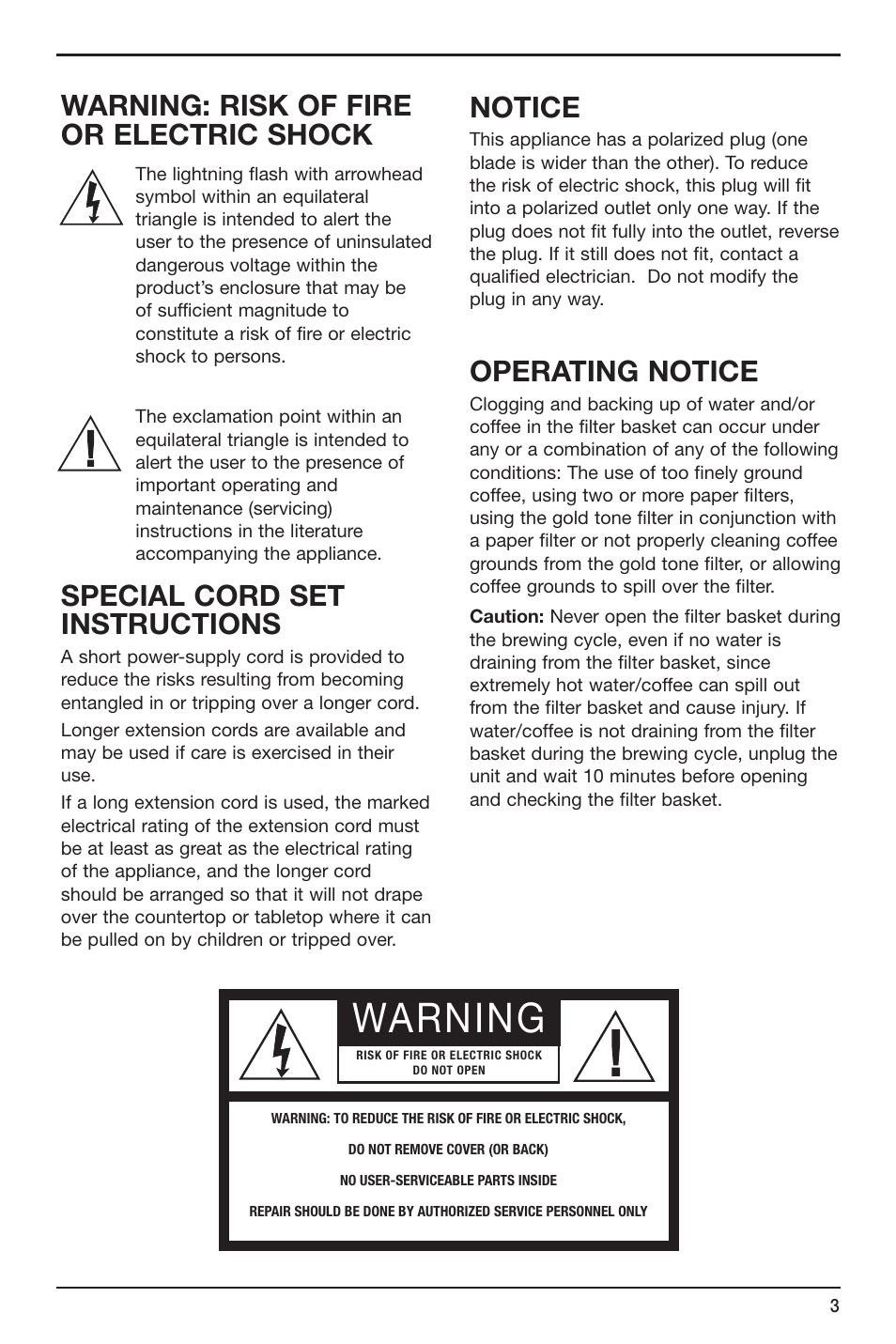 Warning, Warning: risk of fire or electric shock, Special cord set instructions | Notice, Operating notice | Cuisinart BREW CENTRAL DCC-2700 User Manual | Page 3 / 12