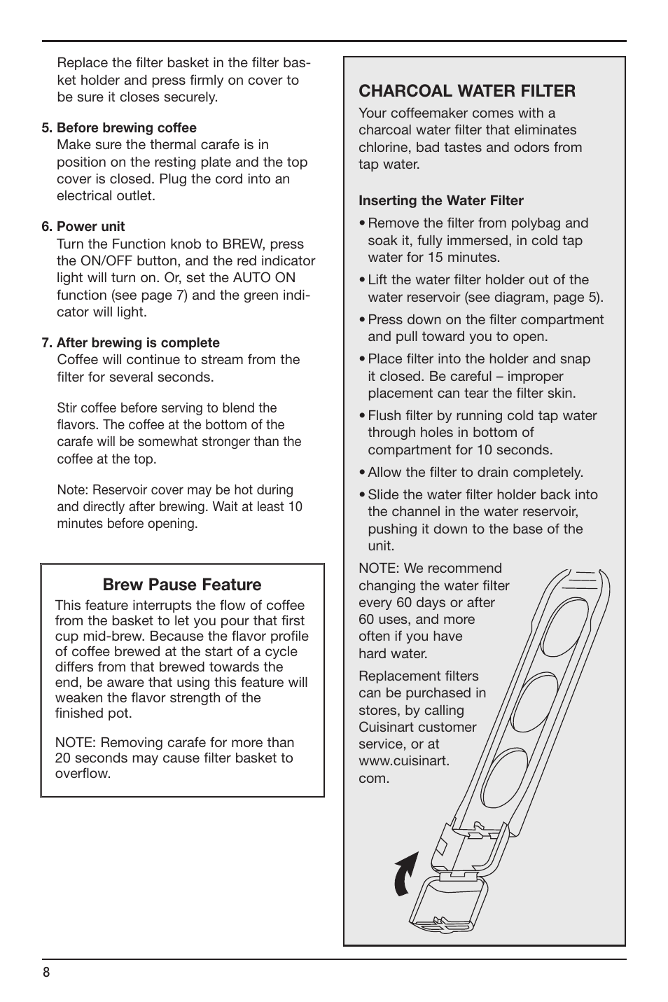 Charcoal water filter, Brew pause feature | Cuisinart BREW CENTRAL DCC-2700 User Manual | Page 8 / 12