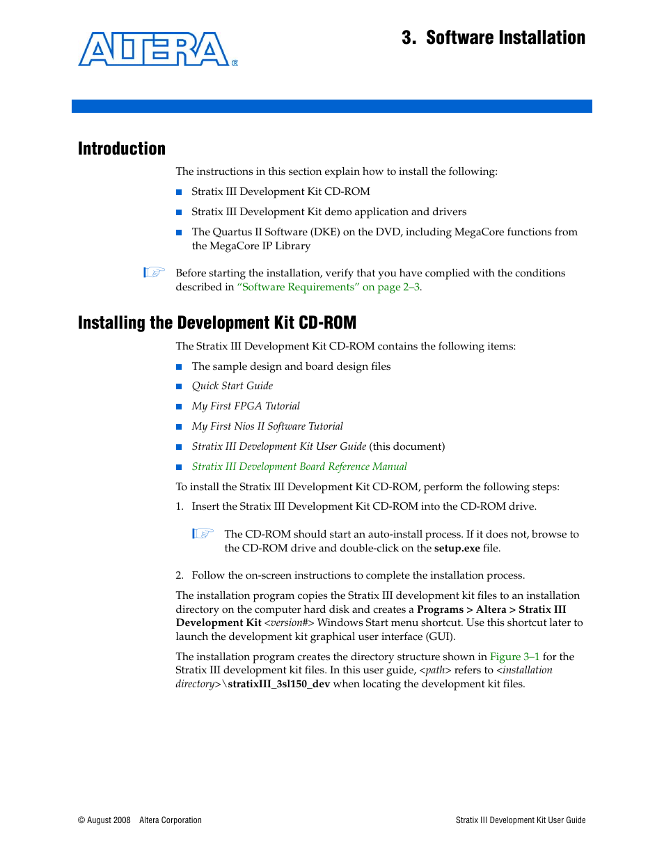 Software installation, Introduction, Installing the development kit cd-rom | Chapter 3. software installation | Altera Stratix III User Manual | Page 11 / 34