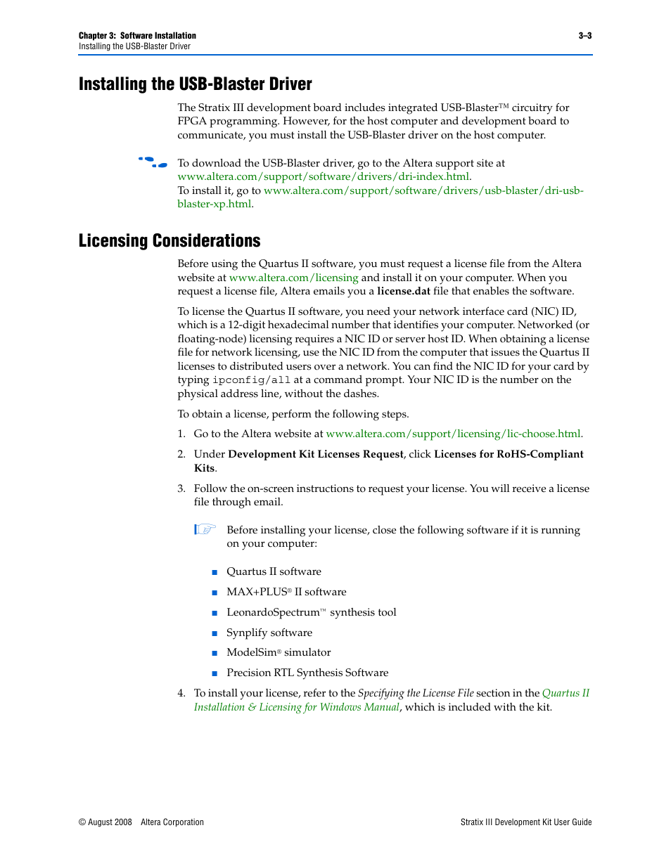 Installing the usb-blaster driver, Licensing considerations, Licensing considerations” on | Altera Stratix III User Manual | Page 13 / 34