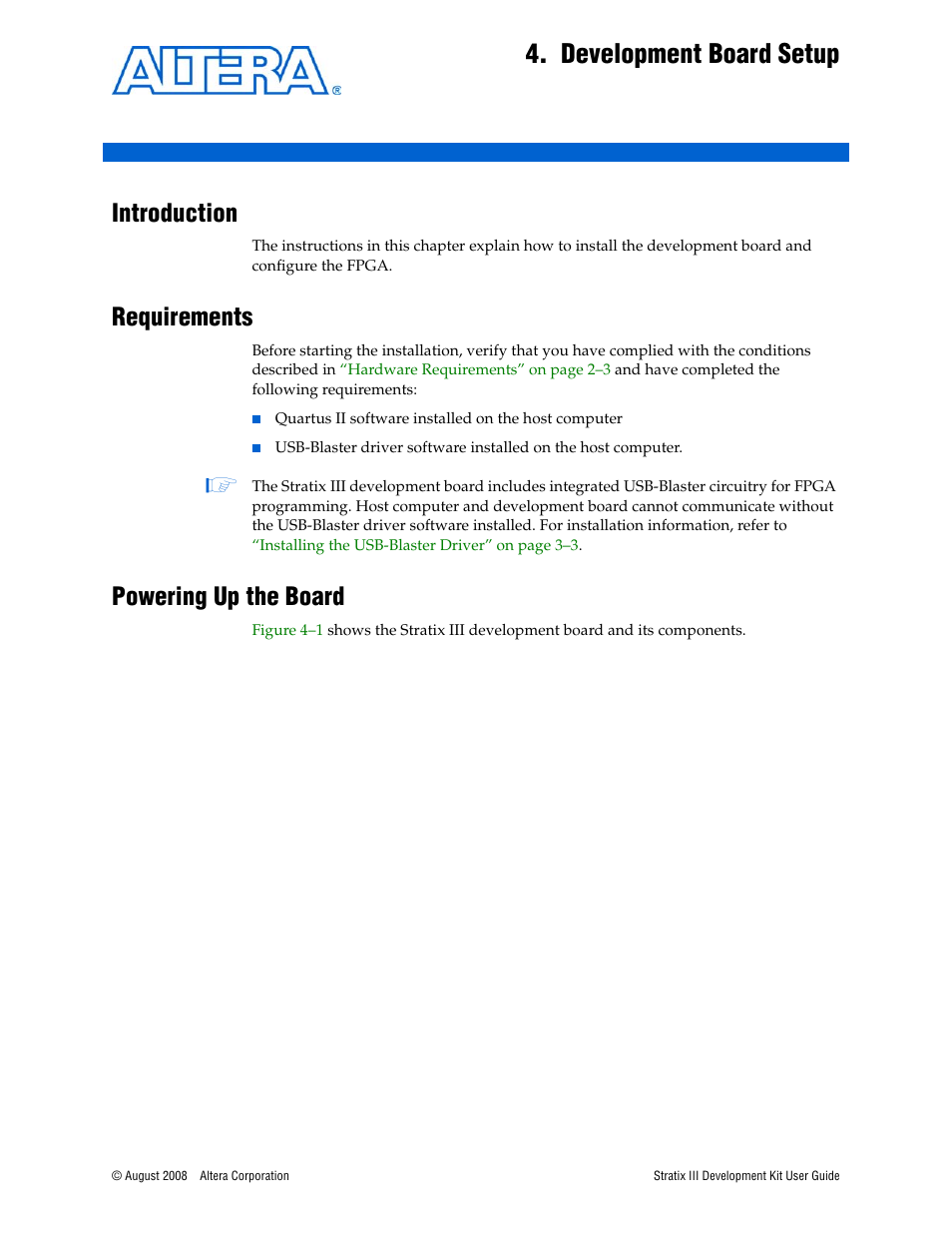 Development board setup, Introduction, Requirements | Powering up the board, Chapter 4. development board setup | Altera Stratix III User Manual | Page 15 / 34