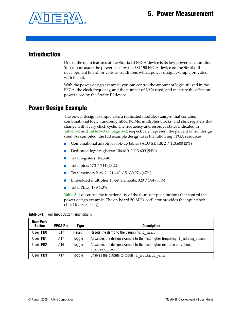 Power measurement, Introduction, Power design example | Chapter 5. power measurement, Introduction –1 power design example –1 | Altera Stratix III User Manual | Page 19 / 34