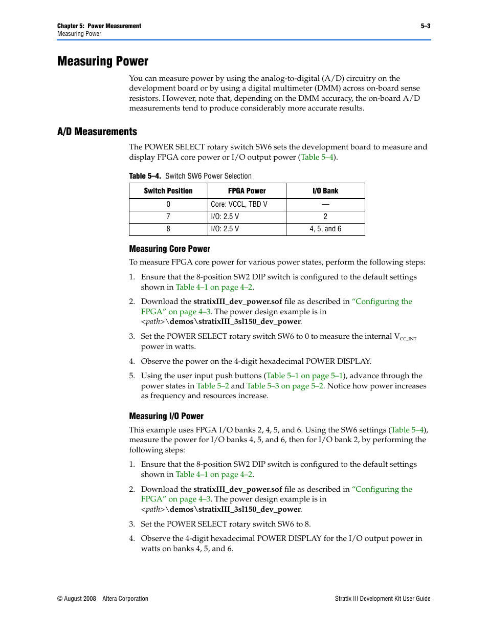 Measuring power, A/d measurements, Measuring power –3 | A/d measurements –3, Measuring core power –3 measuring i/o power –3 | Altera Stratix III User Manual | Page 21 / 34