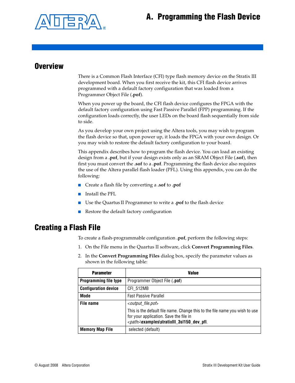 Overview, Creating a flash file, A. programming the flash device | Altera Stratix III User Manual | Page 27 / 34