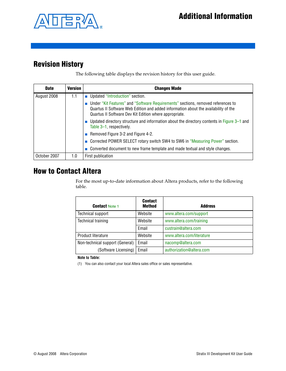 Additional information, Revision history, How to contact altera | Altera Stratix III User Manual | Page 33 / 34