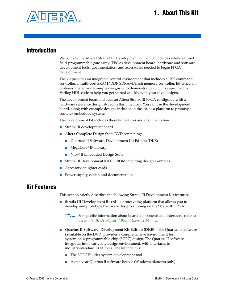 About this kit, Introduction, Kit features | Chapter 1. about this kit, Introduction –1 kit features –1 | Altera Stratix III User Manual | Page 5 / 34